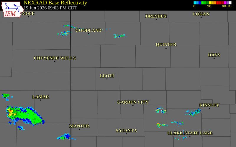 NEXRAD radar during the Friday, June 19, 2026 storm activity in Wichita County, Kansas