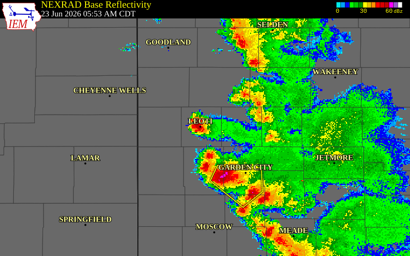 NEXRAD radar during the Tuesday, June 23, 2026 storm activity in Wichita County, Kansas