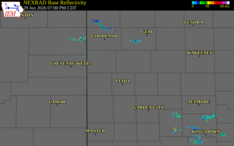 NEXRAD radar during the Monday, June 29, 2026 storm activity in Wichita County, Kansas