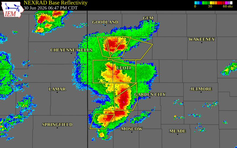 NEXRAD radar during the Tuesday, June 30, 2026 storm activity in Wichita County, Kansas