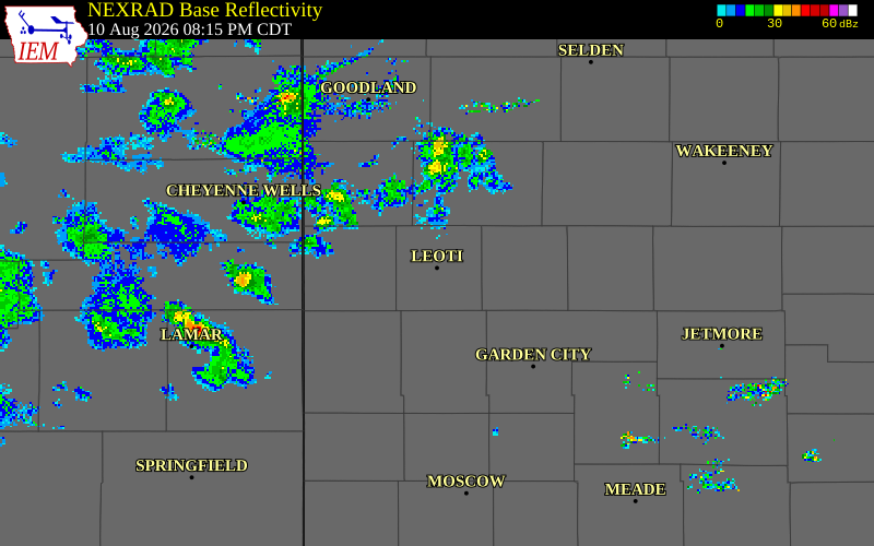 NEXRAD radar during the Monday, August 10, 2026 storm activity in Wichita County, Kansas