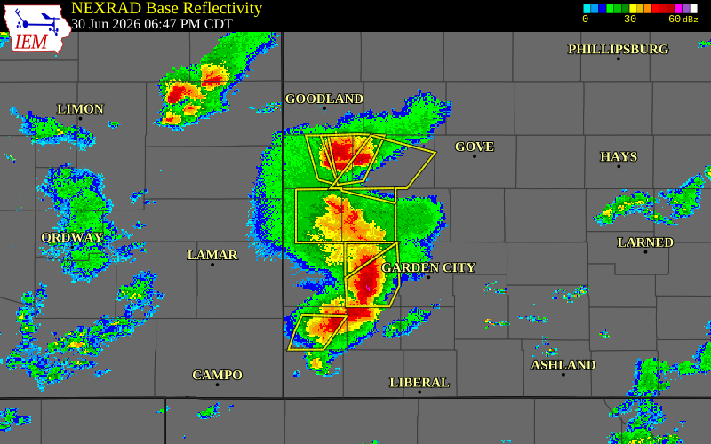 Radar snapshot during the Jun 30, 2026 wind event near 5 SE Selkirk, Wichita County, Kansas, with NWS warning polygons