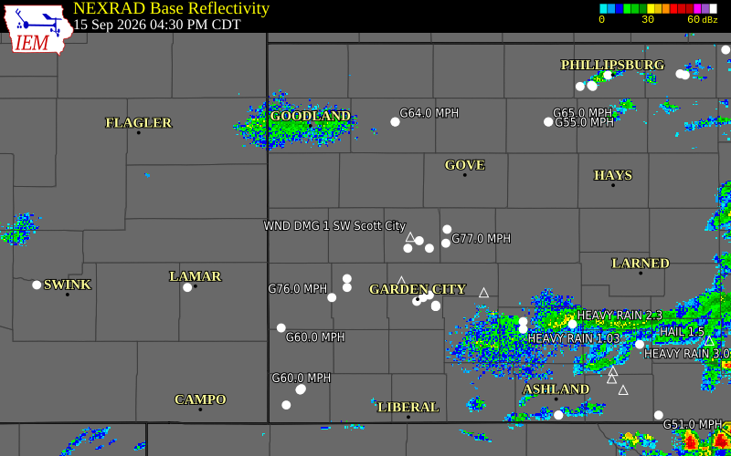 Current NEXRAD radar over Wichita County, Kansas with recent storm report locations