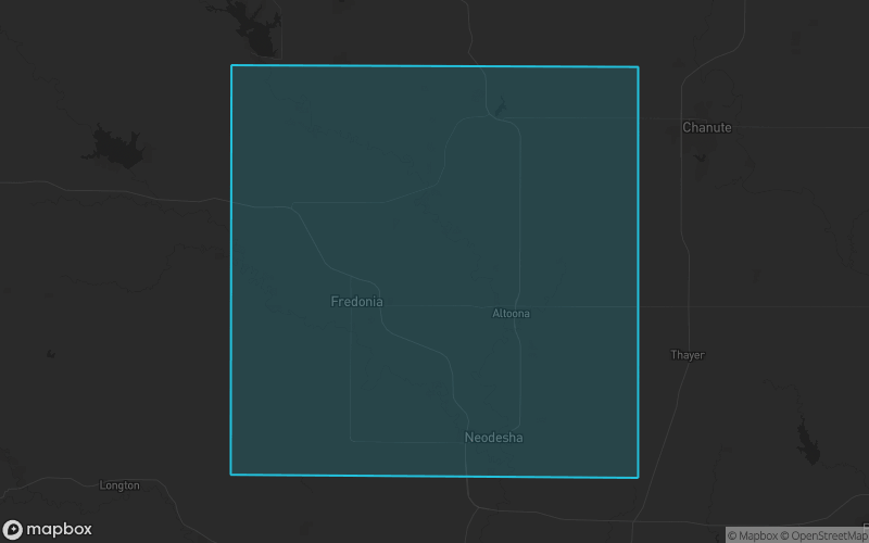 Map of Wilson County, Kansas showing the county boundary and surrounding cities
