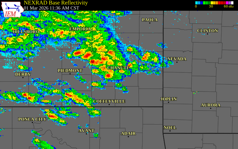 NEXRAD radar during the Sunday, March 1, 2026 storm activity in Wilson County, Kansas