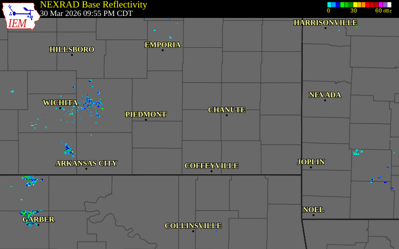 NEXRAD radar during the Monday, March 30, 2026 storm activity in Wilson County, Kansas