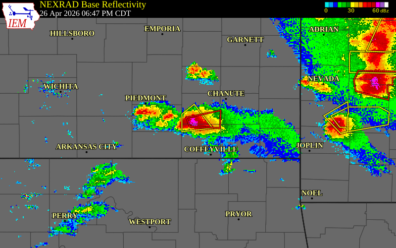 NEXRAD radar during the Sunday, April 26, 2026 storm activity in Wilson County, Kansas