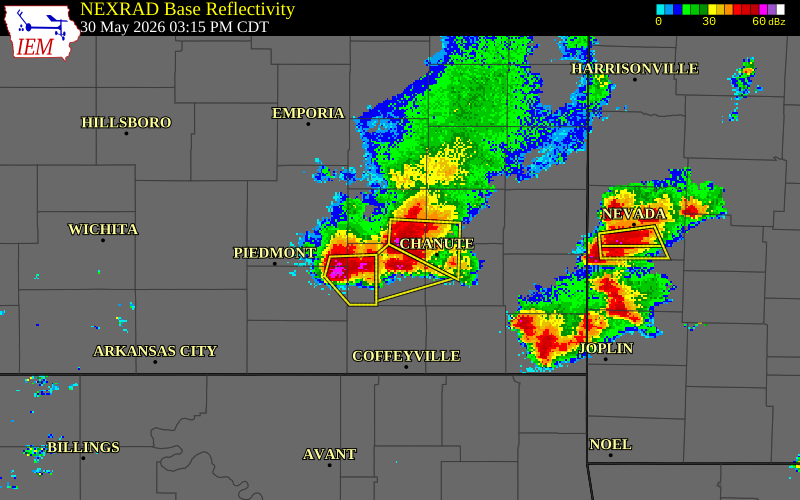 NEXRAD radar during the Saturday, May 30, 2026 storm activity in Wilson County, Kansas