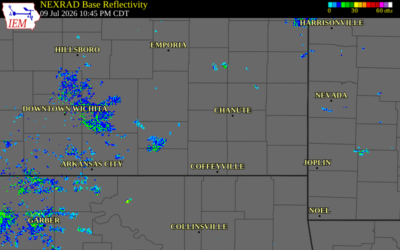 NEXRAD radar during the Thursday, July 9, 2026 storm activity in Wilson County, Kansas