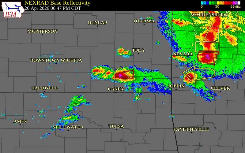 Radar snapshot during the Apr 26, 2026 tornado event near 5 NW Sycamore, Wilson County, Kansas, with NWS warning polygons