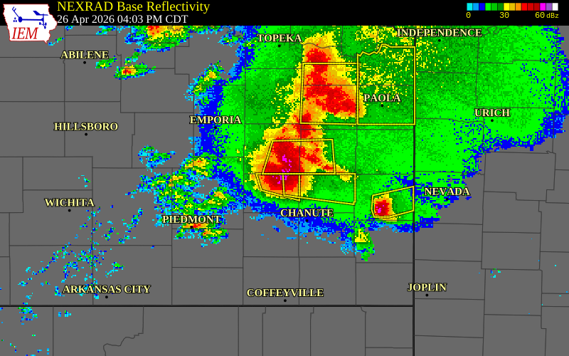 NEXRAD radar during the Sunday, April 26, 2026 storm activity in Woodson County, Kansas