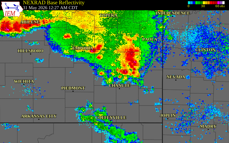 NEXRAD radar during the Sunday, May 31, 2026 storm activity in Woodson County, Kansas