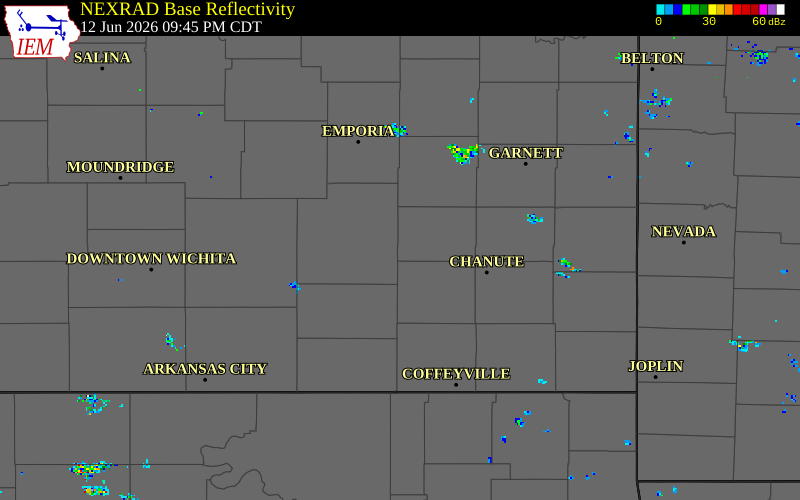 NEXRAD radar during the Friday, June 12, 2026 storm activity in Woodson County, Kansas