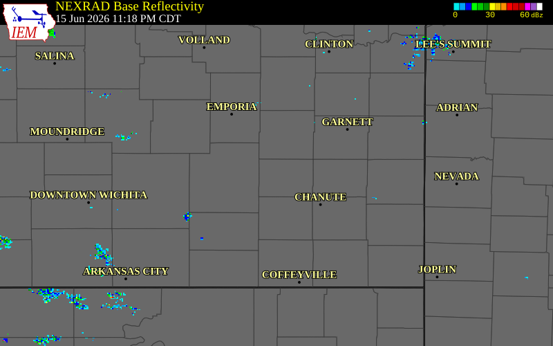 NEXRAD radar during the Monday, June 15, 2026 storm activity in Woodson County, Kansas
