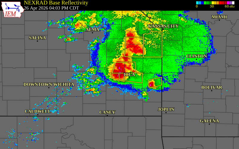 Radar snapshot during the Jun 15, 2026 wind event near 6 NW Yates Center, Woodson County, Kansas, with NWS warning polygons