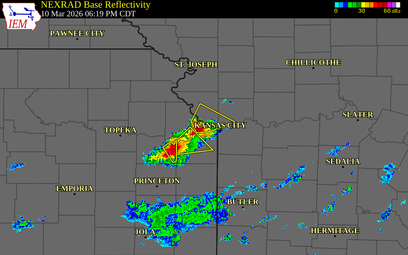 NEXRAD radar during the Tuesday, March 10, 2026 storm activity in Wyandotte County, Kansas