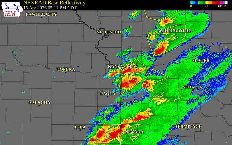 NEXRAD radar during the Wednesday, April 15, 2026 storm activity in Wyandotte County, Kansas