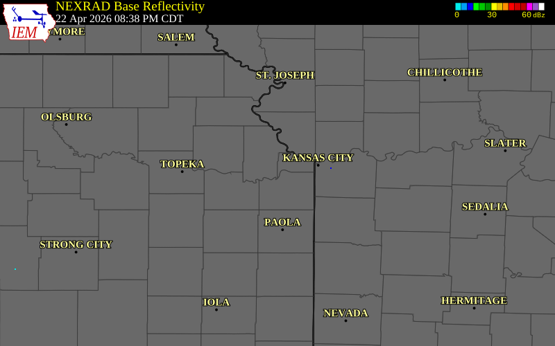 NEXRAD radar during the Wednesday, April 22, 2026 storm activity in Wyandotte County, Kansas