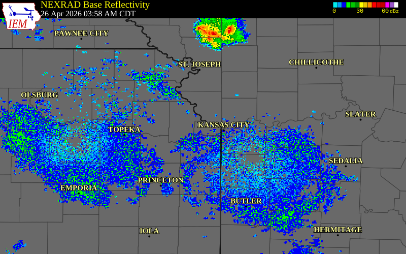 NEXRAD radar during the Sunday, April 26, 2026 storm activity in Wyandotte County, Kansas