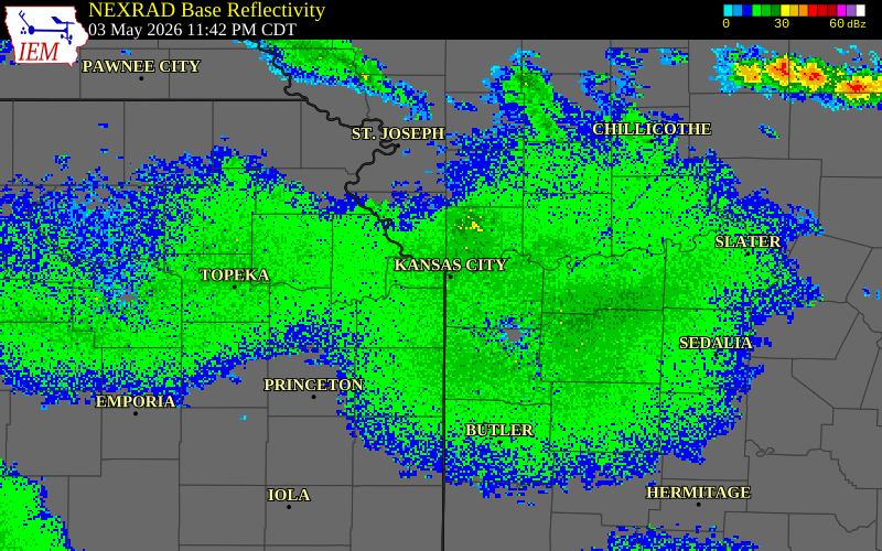 NEXRAD radar during the Sunday, May 3, 2026 storm activity in Wyandotte County, Kansas
