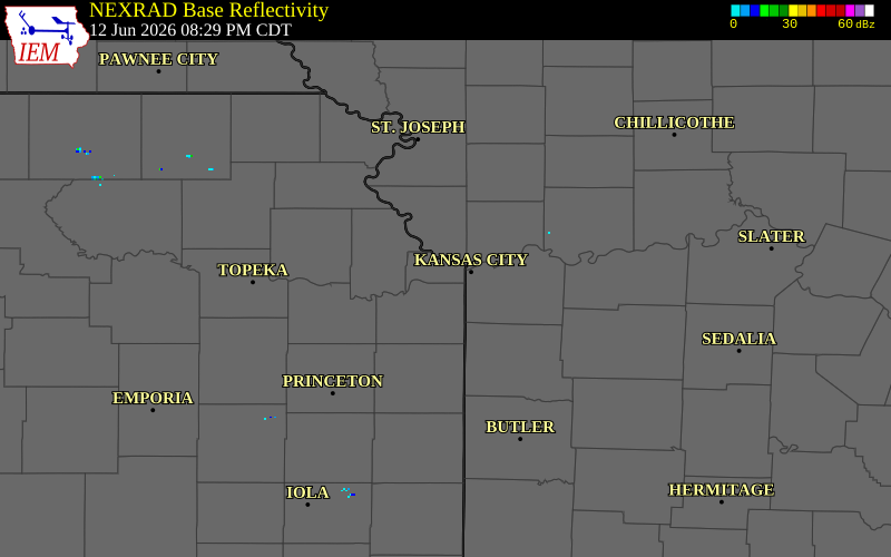 NEXRAD radar during the Friday, June 12, 2026 storm activity in Wyandotte County, Kansas