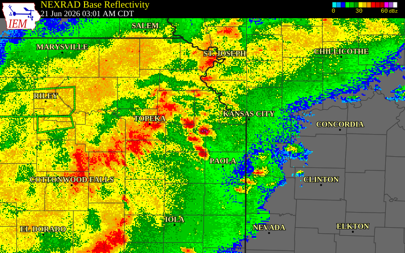NEXRAD radar during the Sunday, June 21, 2026 storm activity in Wyandotte County, Kansas