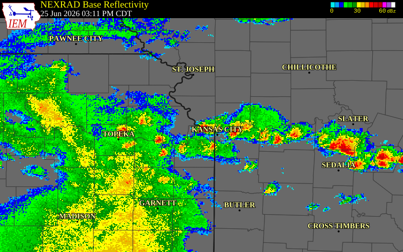 NEXRAD radar during the Thursday, June 25, 2026 storm activity in Wyandotte County, Kansas