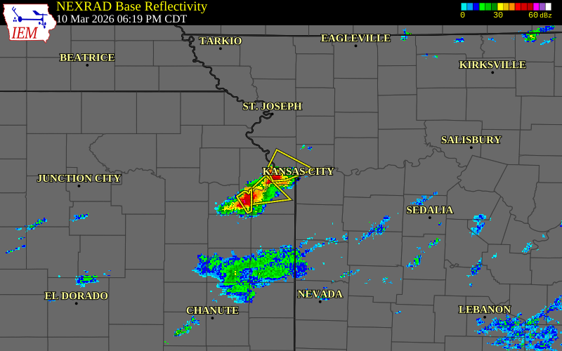 Radar snapshot during the Mar 10, 2026 hail event near 2 SW Beverly Hills, Wyandotte County, Kansas, with NWS warning polygons