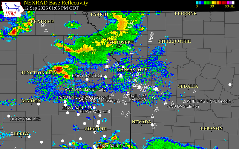 Current NEXRAD radar over Wyandotte County, Kansas with recent storm report locations