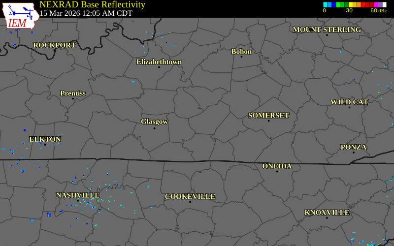 NEXRAD radar during the Sunday, March 15, 2026 storm activity in Adair County, Kentucky