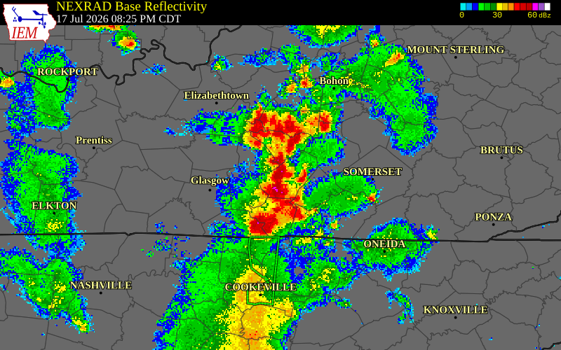 NEXRAD radar during the Friday, July 17, 2026 storm activity in Adair County, Kentucky