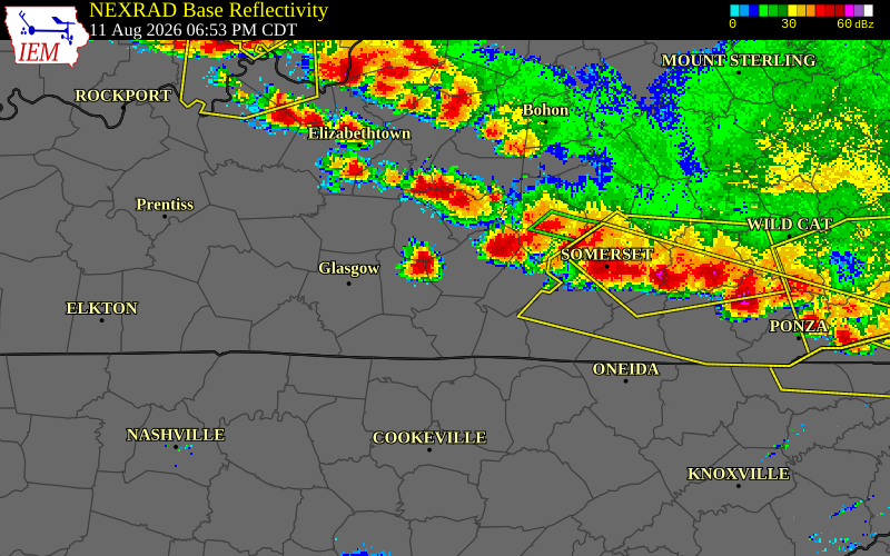 NEXRAD radar during the Tuesday, August 11, 2026 storm activity in Adair County, Kentucky