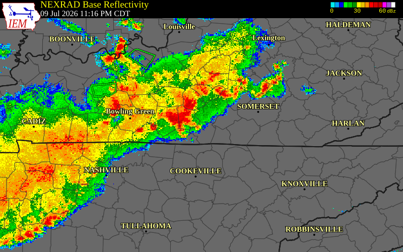 Radar snapshot during the Jul 10, 2026 wind event near Adair County, Adair County, Kentucky, with NWS warning polygons