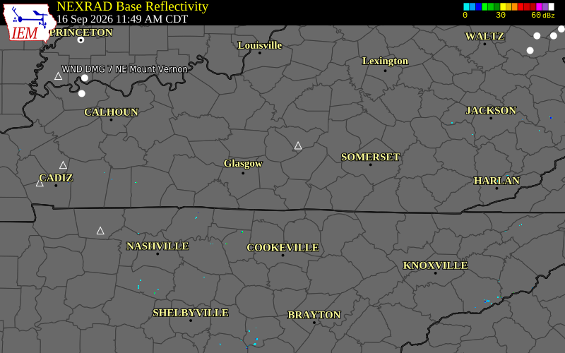 Current NEXRAD radar over Adair County, Kentucky with recent storm report locations