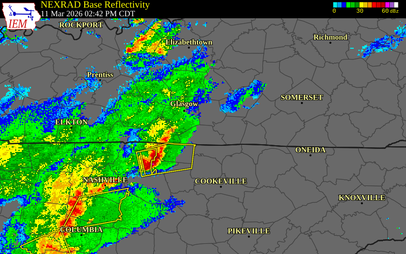 NEXRAD radar during the Wednesday, March 11, 2026 storm activity in Allen County, Kentucky