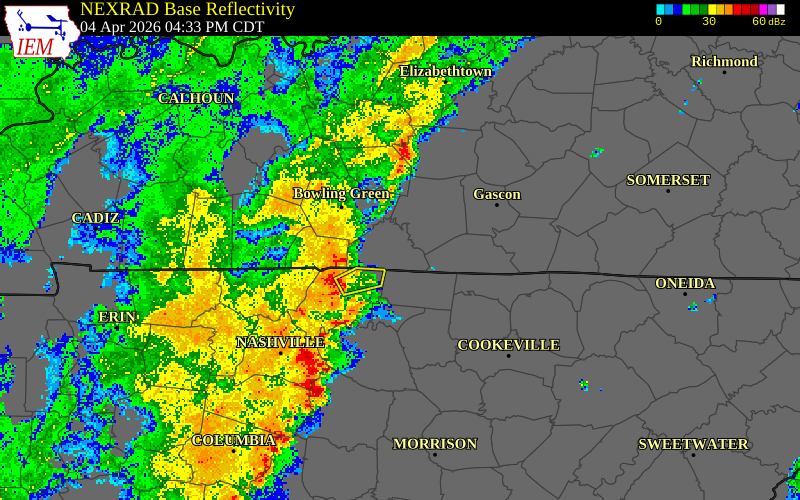 NEXRAD radar during the Saturday, April 4, 2026 storm activity in Allen County, Kentucky