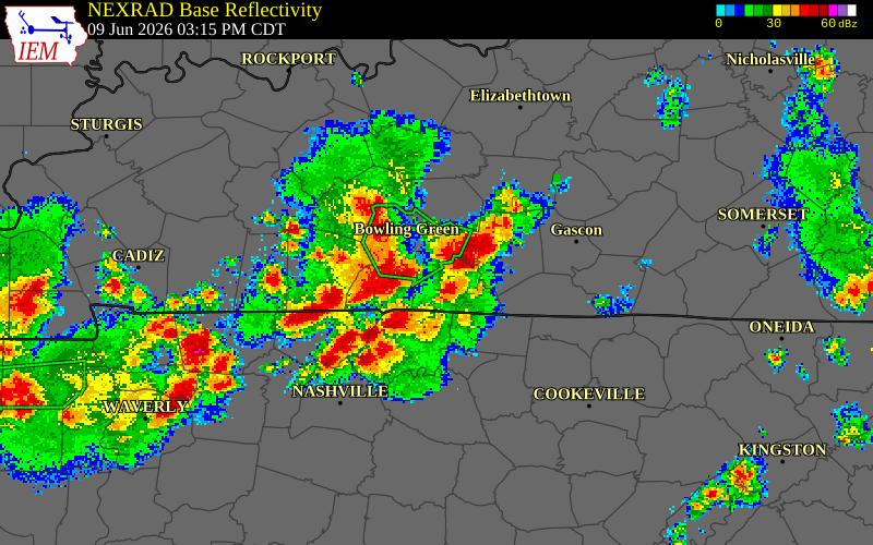NEXRAD radar during the Tuesday, June 9, 2026 storm activity in Allen County, Kentucky