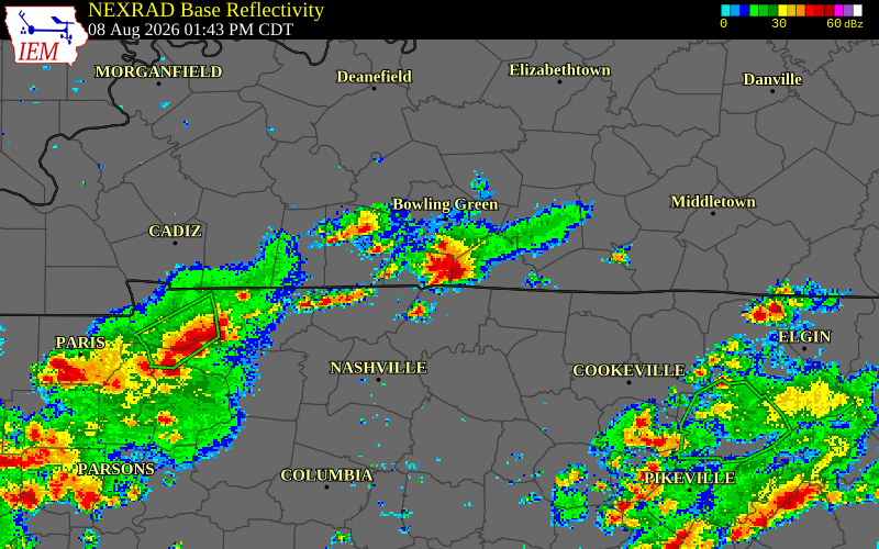 NEXRAD radar during the Saturday, August 8, 2026 storm activity in Allen County, Kentucky