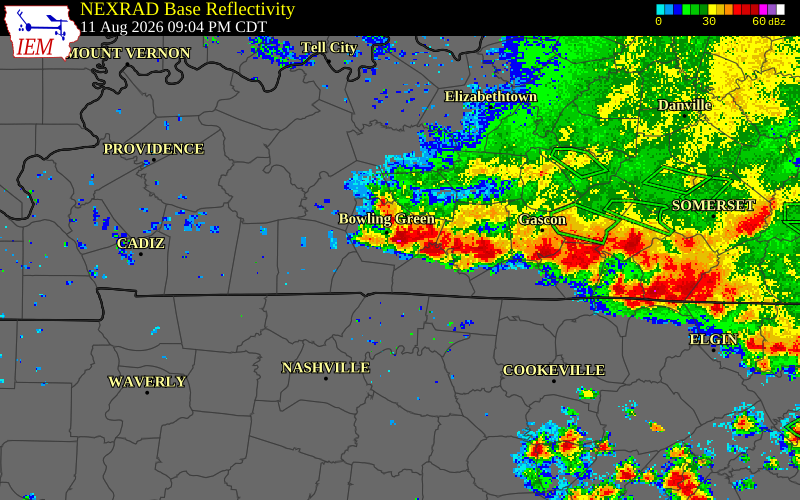 NEXRAD radar during the Tuesday, August 11, 2026 storm activity in Allen County, Kentucky