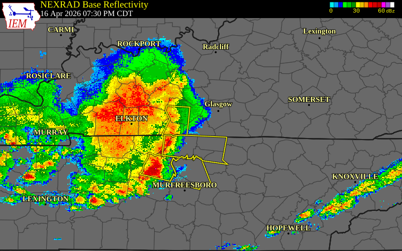 Radar snapshot during the Apr 16, 2026 wind event near Allen County, Allen County, Kentucky, with NWS warning polygons