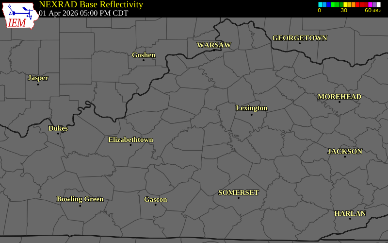 NEXRAD radar during the Wednesday, April 1, 2026 storm activity in Anderson County, Kentucky