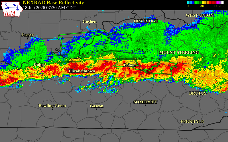 NEXRAD radar during the Thursday, June 18, 2026 storm activity in Anderson County, Kentucky