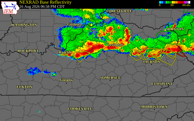 Radar snapshot during the Aug 11, 2026 wind event near Anderson County, Anderson County, Kentucky, with NWS warning polygons