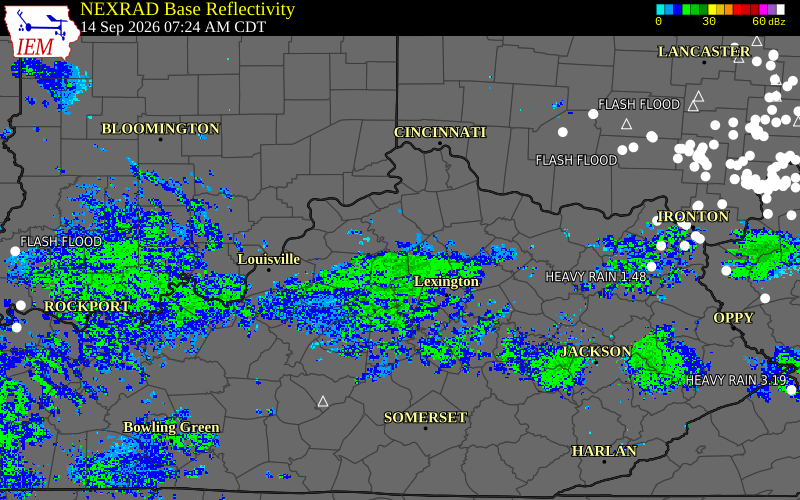 Current NEXRAD radar over Anderson County, Kentucky with recent storm report locations
