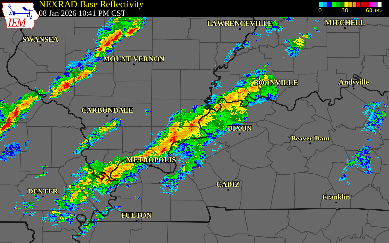 NEXRAD radar during the Thursday, January 8, 2026 storm activity in Ballard County, Kentucky