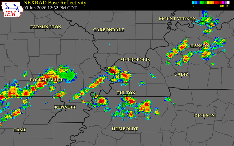 NEXRAD radar during the Tuesday, June 9, 2026 storm activity in Ballard County, Kentucky