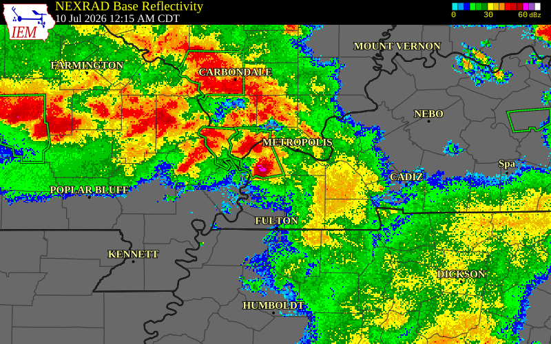 NEXRAD radar during the Friday, July 10, 2026 storm activity in Ballard County, Kentucky
