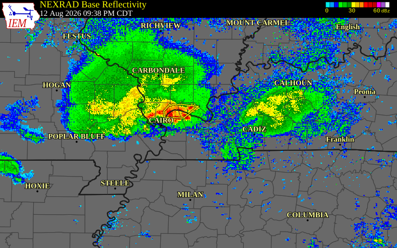 Radar snapshot during the Aug 12, 2026 wind event near Ballard County, Ballard County, Kentucky, with NWS warning polygons