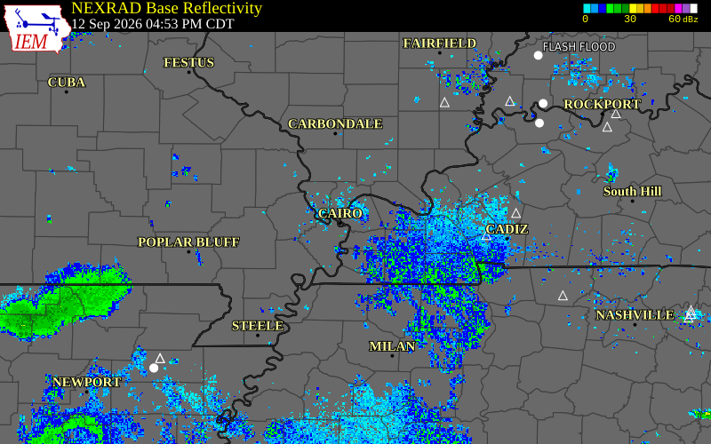 Current NEXRAD radar over Ballard County, Kentucky with recent storm report locations
