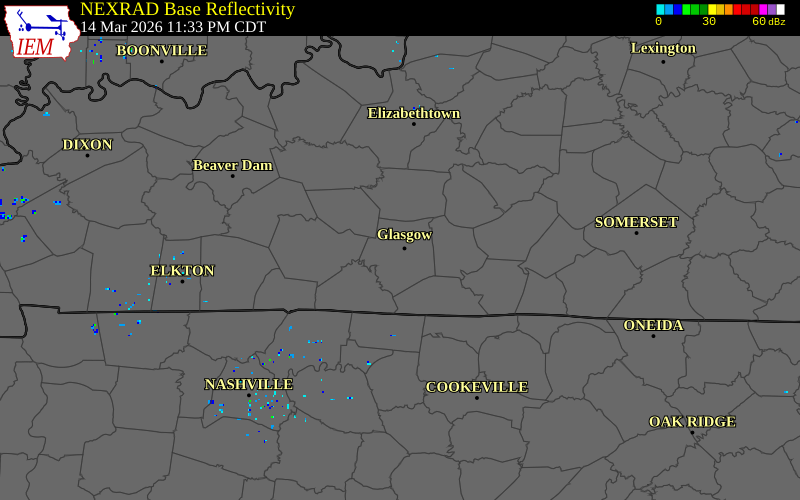 NEXRAD radar during the Sunday, March 15, 2026 storm activity in Barren County, Kentucky